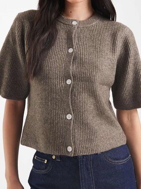 Ribbed Short-Sleeve Button-Front Cardigan — Brown